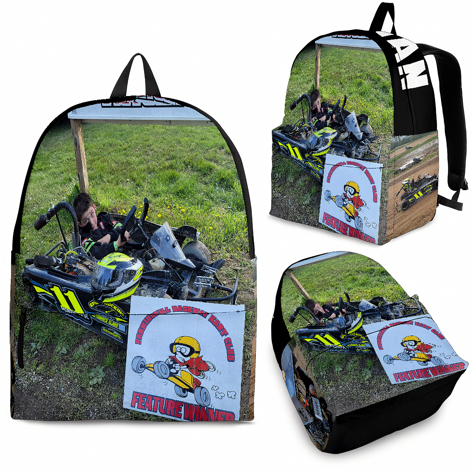 A backpack shown from multiple angles on a white background, featuring an all-over printed photo of a go-kart a on grass, with a cartoon racer sign and black side panels.