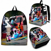 A backpack shown from multiple angles on a white background, featuring a full-color printed graphic of go-kart racing with drivers and race cars.
