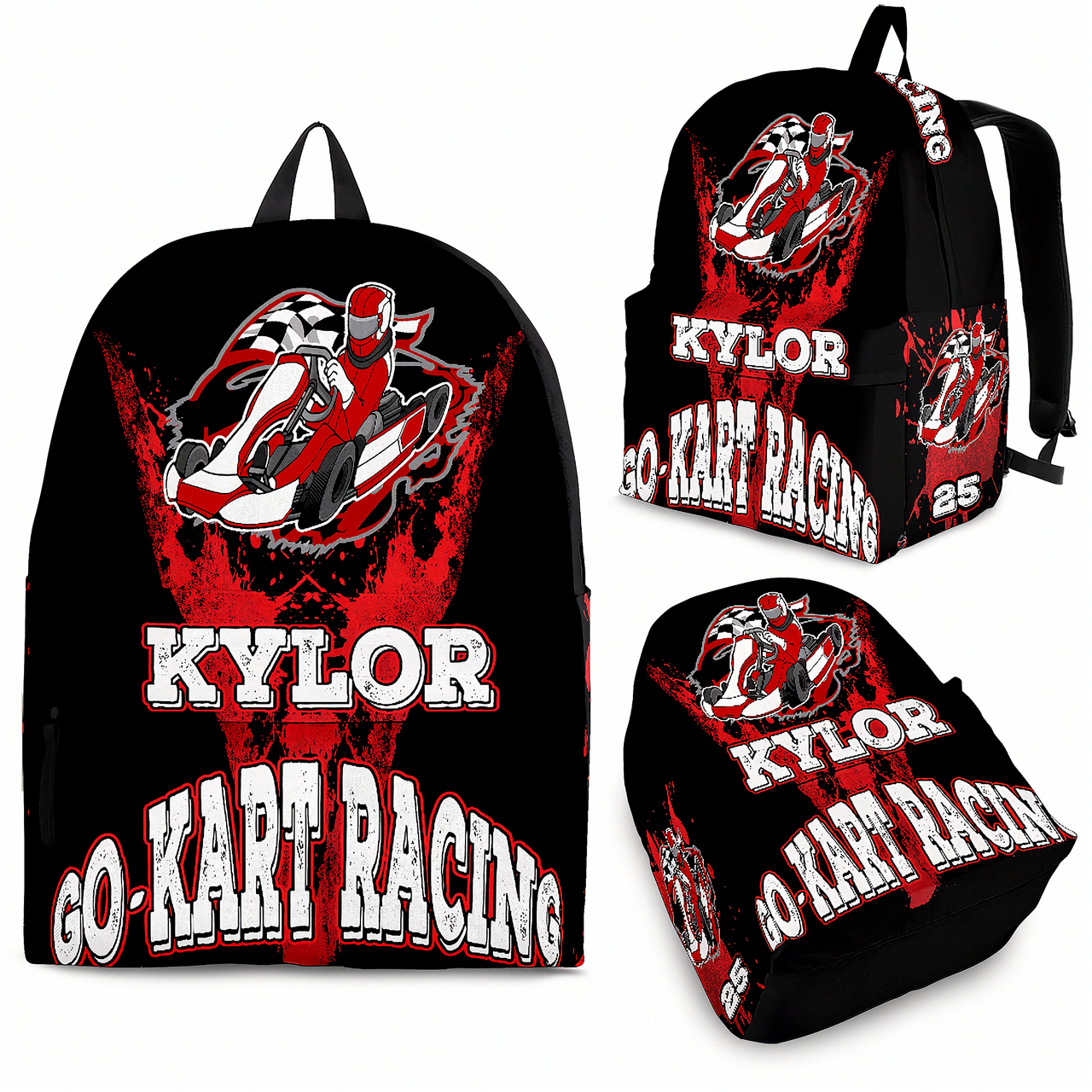 Custom Kaylor N25 kart racing track backpack displaying a high-performance karting graphic, black adjustable ergonomic shoulder straps, and a front organizational pocket against a clean backdrop.