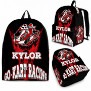 Custom Kaylor N25 kart racing track backpack displaying a high-performance karting graphic, black adjustable ergonomic shoulder straps, and a front organizational pocket against a clean backdrop.