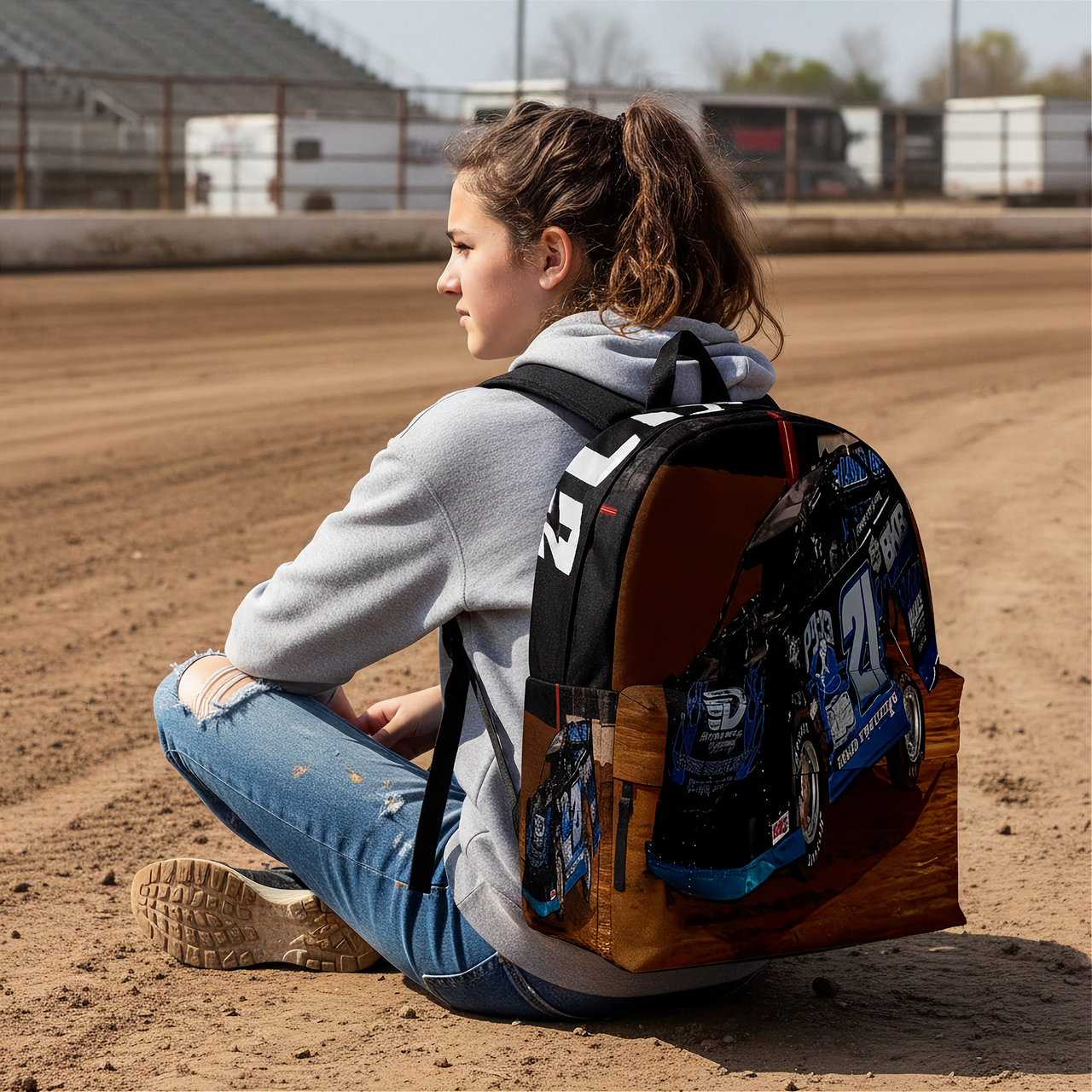 A woman sitting cross-legged on a dirt track wearing a custom backpack. The backpack features a realistic printed graphic of a blue and white late model race car on a brown wood-grain style base, with black straps and white lettering.