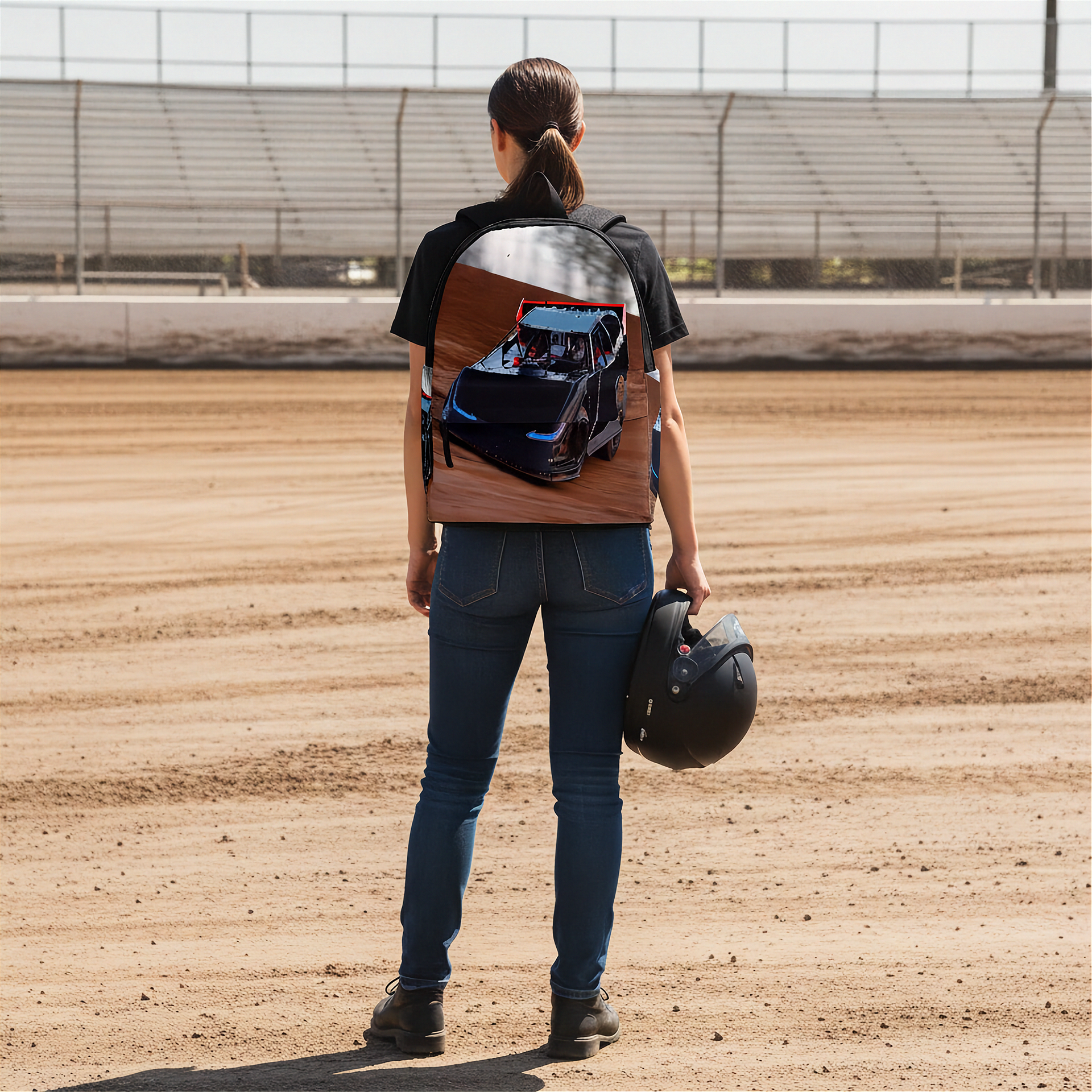 A woman stands on a dirt track wearing a custom-printed racing backpack with a late model race car, holding a black helmet. The background shows a blurred racetrack and grandstands.