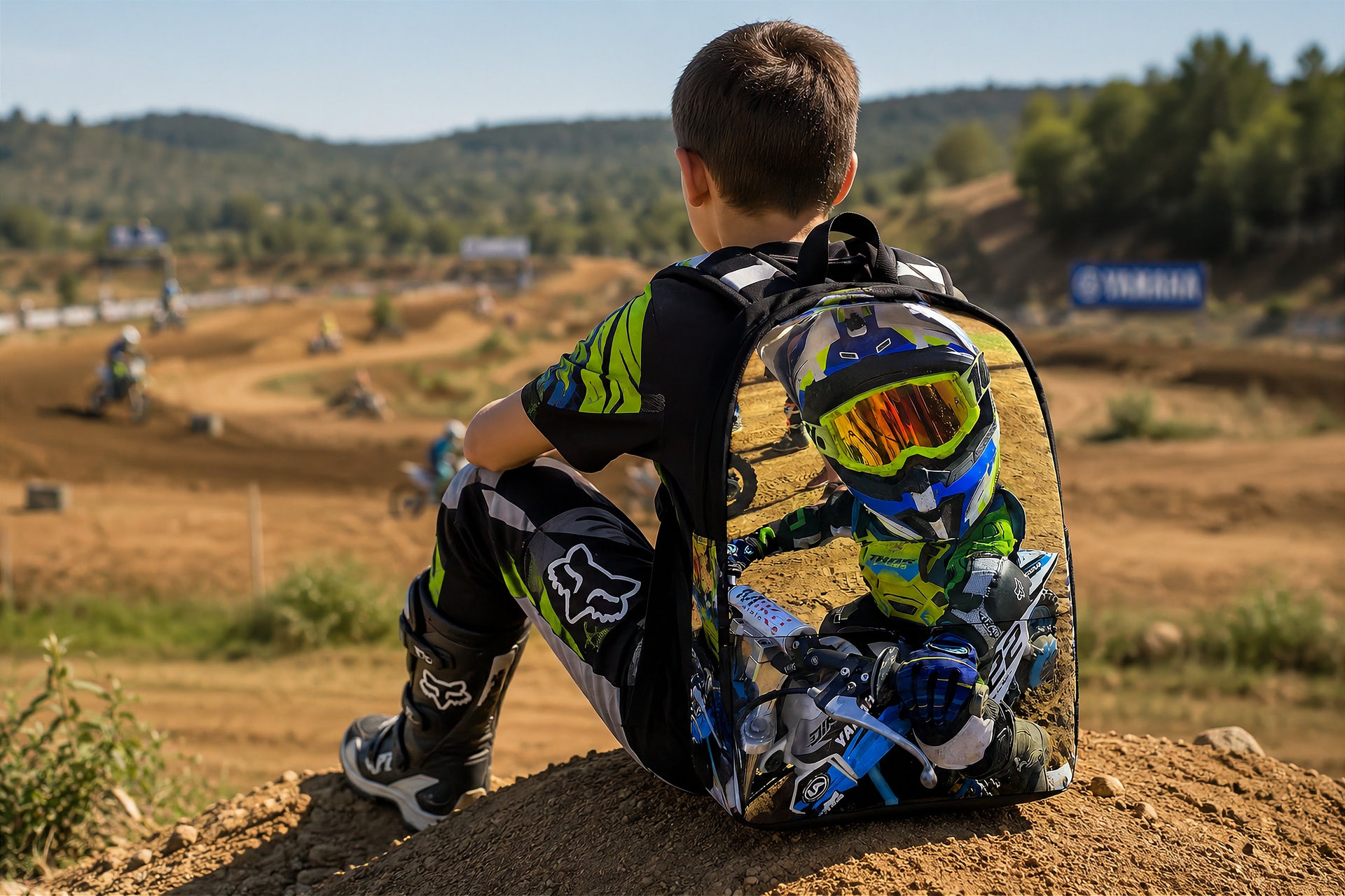A child wearing a motocross jersey, pants, and boots sits on a dirt mound, looking out over a motocross track. The child is wearing a clear backpack with a printed graphic of a motocross rider on the back.