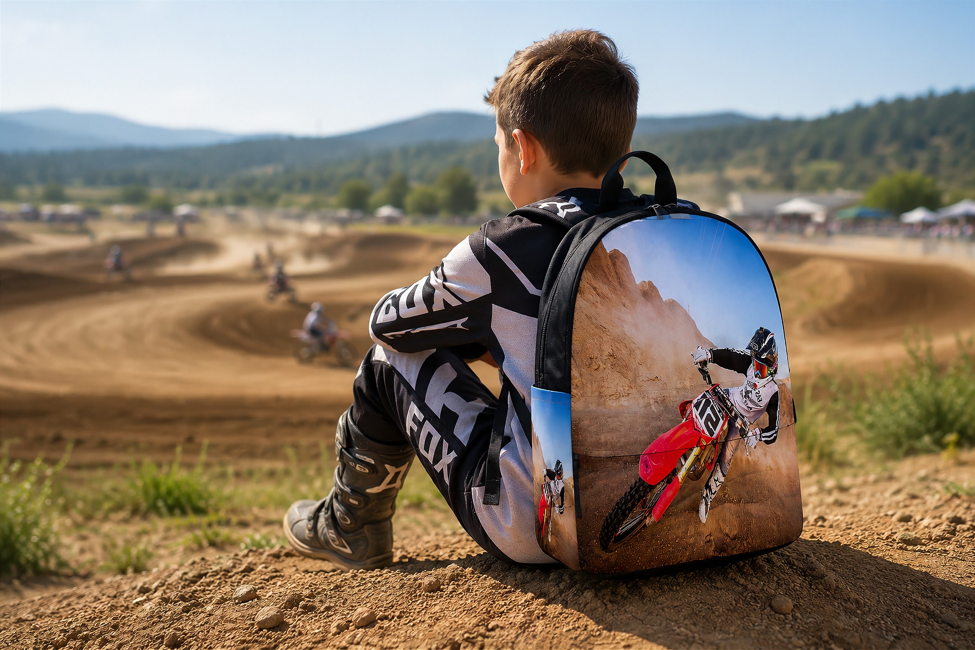 A child wearing a black and white Fox motocross jersey sits on a dirt hill overlooking a motocross track, with a matching backpack featuring a red dirt bike graphic in the background.