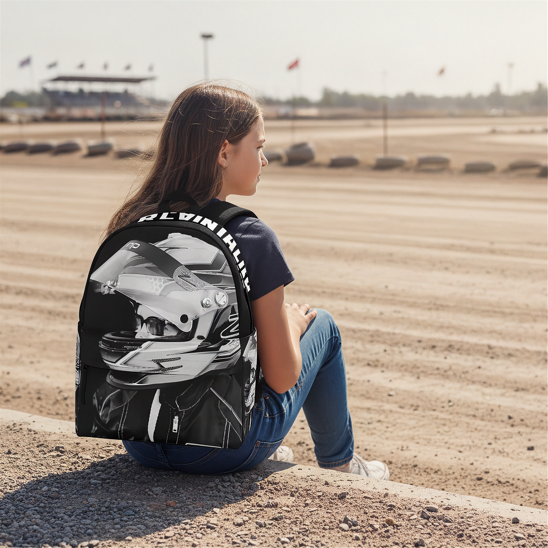 A woman sitting outdoors on a sandy surface, viewed from behind, wearing a black backpack with a large black-and-white motorcycle graphic and the word 'GLADIATOR' printed across the back.