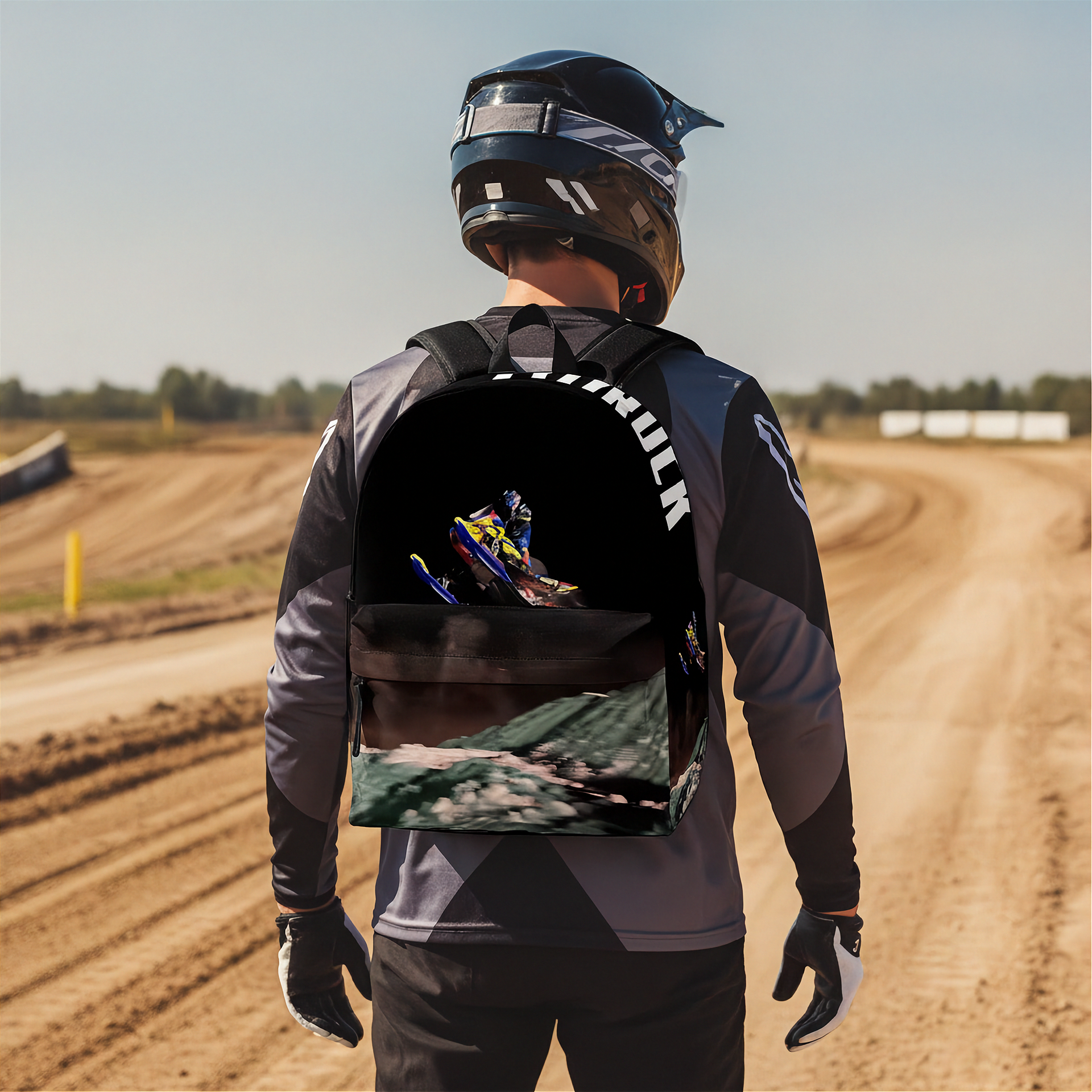 A person wearing a black and gray motocross jersey, helmet, and gloves stands on a dirt track wearing a backpack. The backpack features a black upper section with a graphic of a motocross rider and the word 'CYMILIN' in white, and a lower section showing a green and gray blurred landscape.