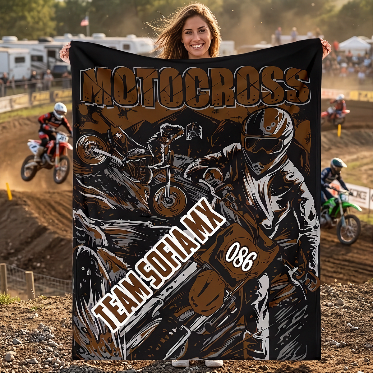 Woman holding a personalized motocross blanket with brown and black dirt bike rider artwork, sample team name and number, at an outdoor track.