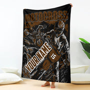 Brown and black custom motocross blanket held upright, showing dirt bike riders, “Your Name” placeholder and sample number 15.
