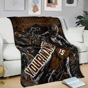 Brown and black custom motocross blanket held upright, showing dirt bike riders, “Your Name” placeholder and sample number 15.