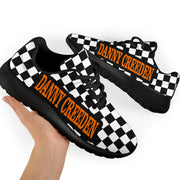Custom Name Racing Checkered Sneakers in a low top trainer style featuring a personalized name, checkered flag pattern, and breathable mesh for motorsports enthusiasts.