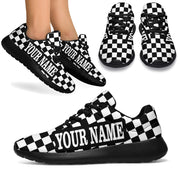 Custom Name Racing Checkered Sneakers in a low top trainer style featuring a personalized name, checkered flag pattern, and breathable mesh for motorsports enthusiasts.