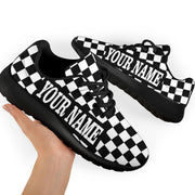 Custom Name Racing Checkered Sneakers in a low top trainer style featuring a personalized name, checkered flag pattern, and breathable mesh for motorsports enthusiasts.