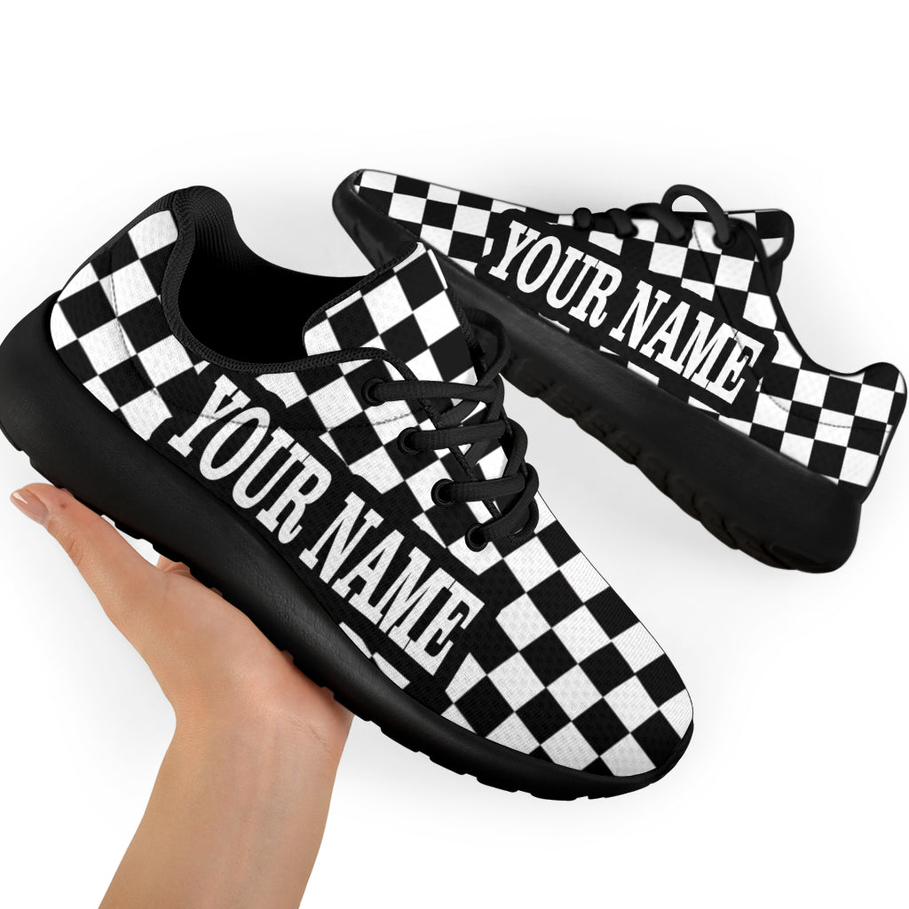 Custom Name Racing Checkered Sneakers in a low top trainer style featuring a personalized name, checkered flag pattern, and breathable mesh for motorsports enthusiasts.