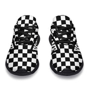 Custom Name Racing Checkered Sneakers in a low top trainer style featuring a personalized name, checkered flag pattern, and breathable mesh for motorsports enthusiasts.