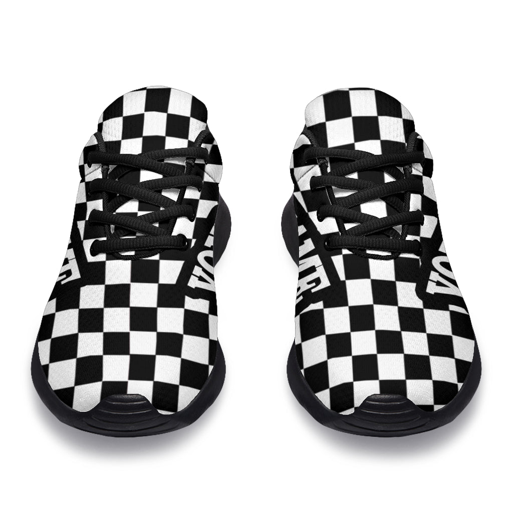 Custom Name Racing Checkered Sneakers in a low top trainer style featuring a personalized name, checkered flag pattern, and breathable mesh for motorsports enthusiasts.