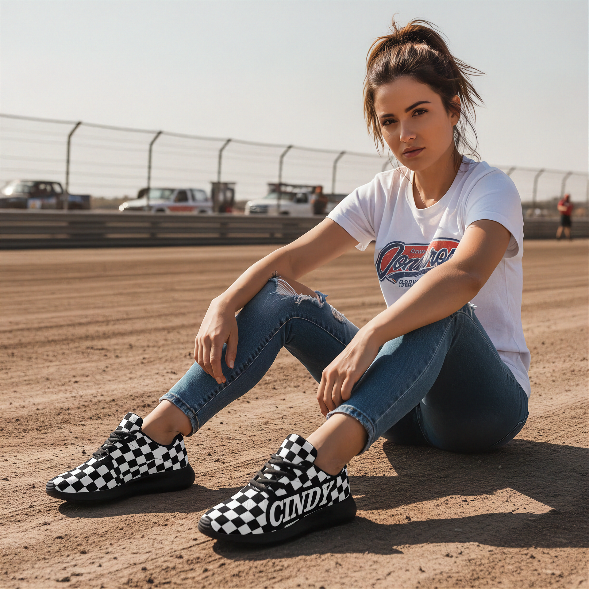Woman sitting on a dirt track wearing checkered shoes and a white t-shirt with a logo.