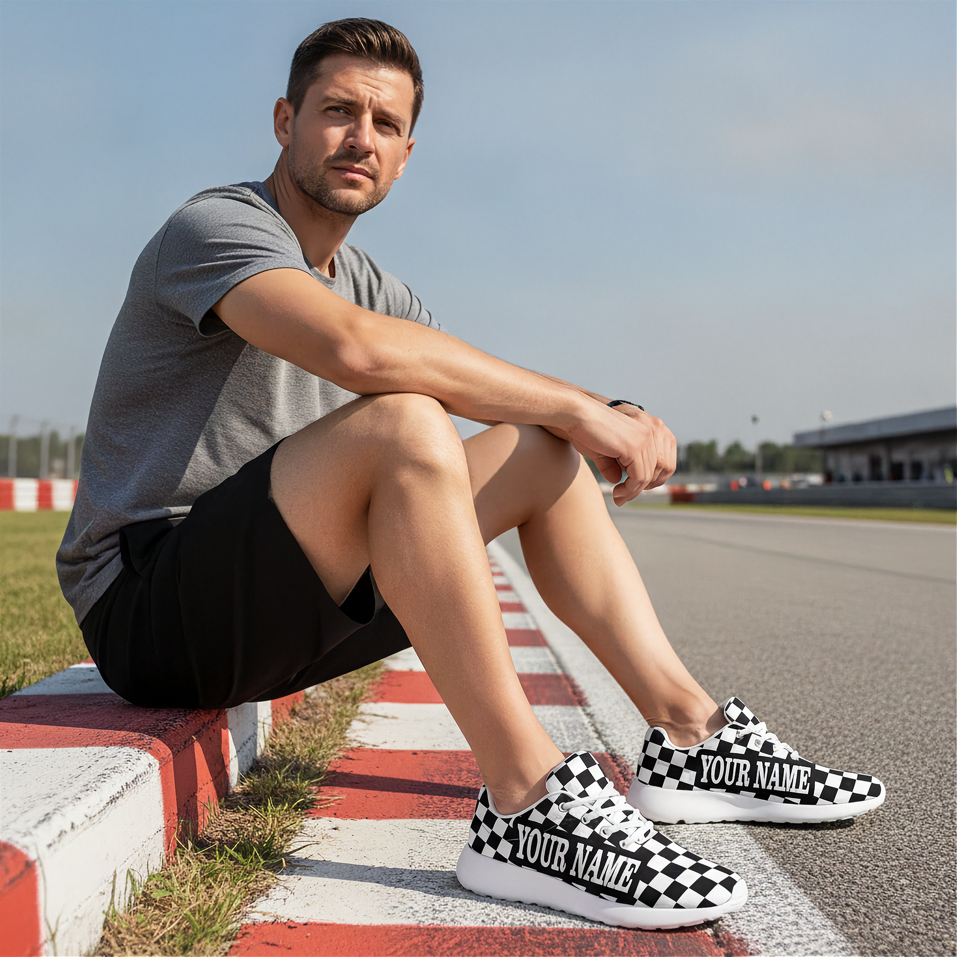 Man sitting on a race track wearing checkered shoes with 'Your Name' text.