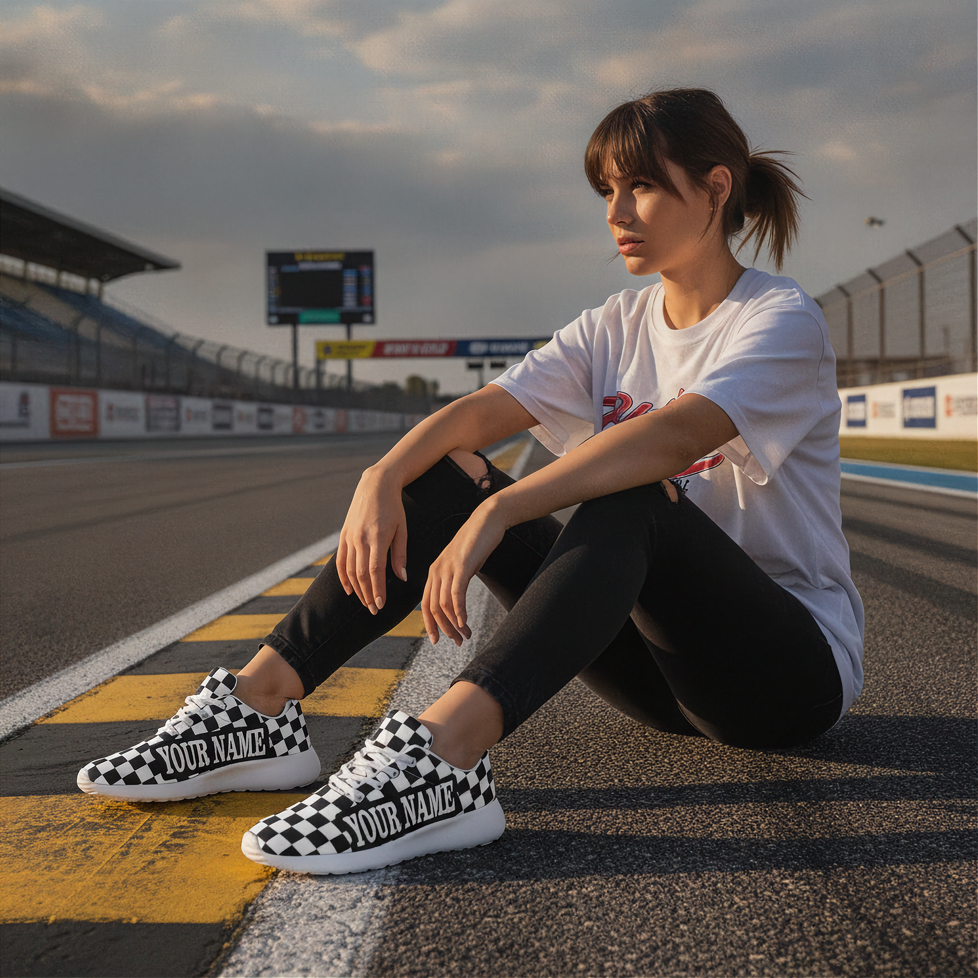 Woman sitting on a race track wearing checkered sneakers with 'YOUR NAME' text.