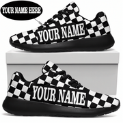 Black and white checkered sneakers with 'Your Name Here' text on a white background