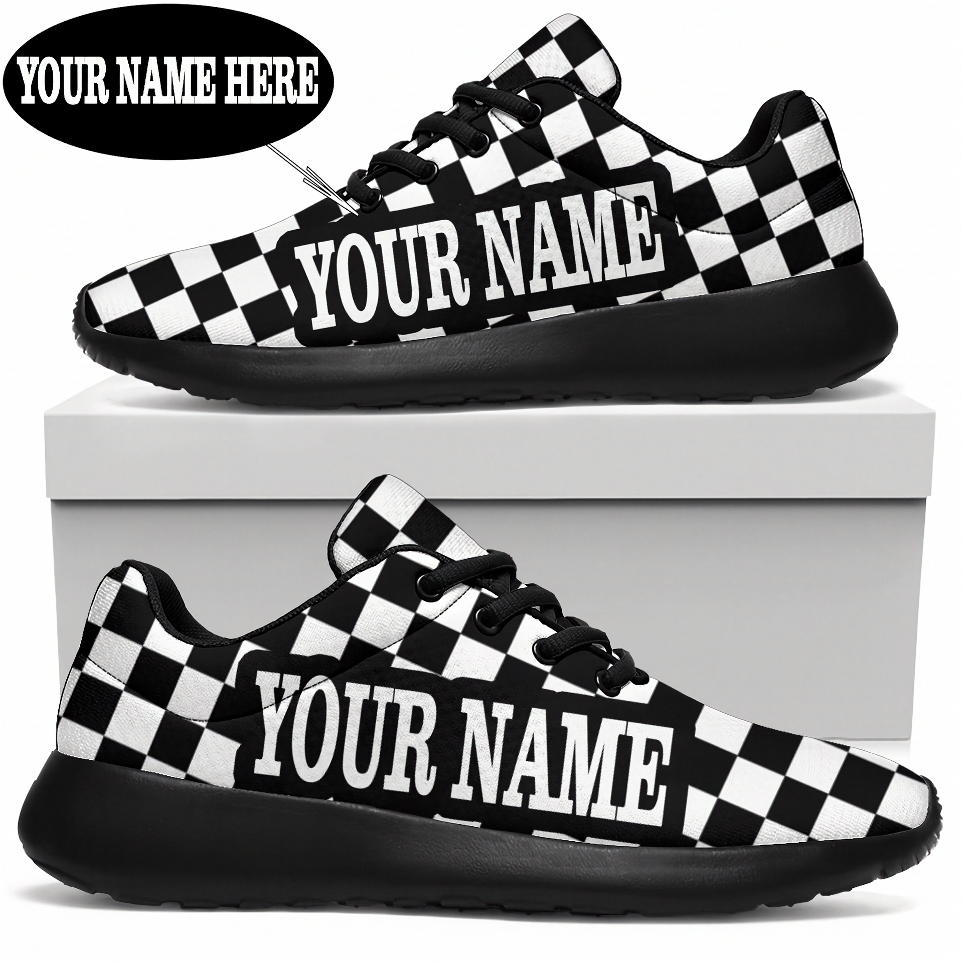 Black and white checkered sneakers with 'Your Name Here' text on a white background