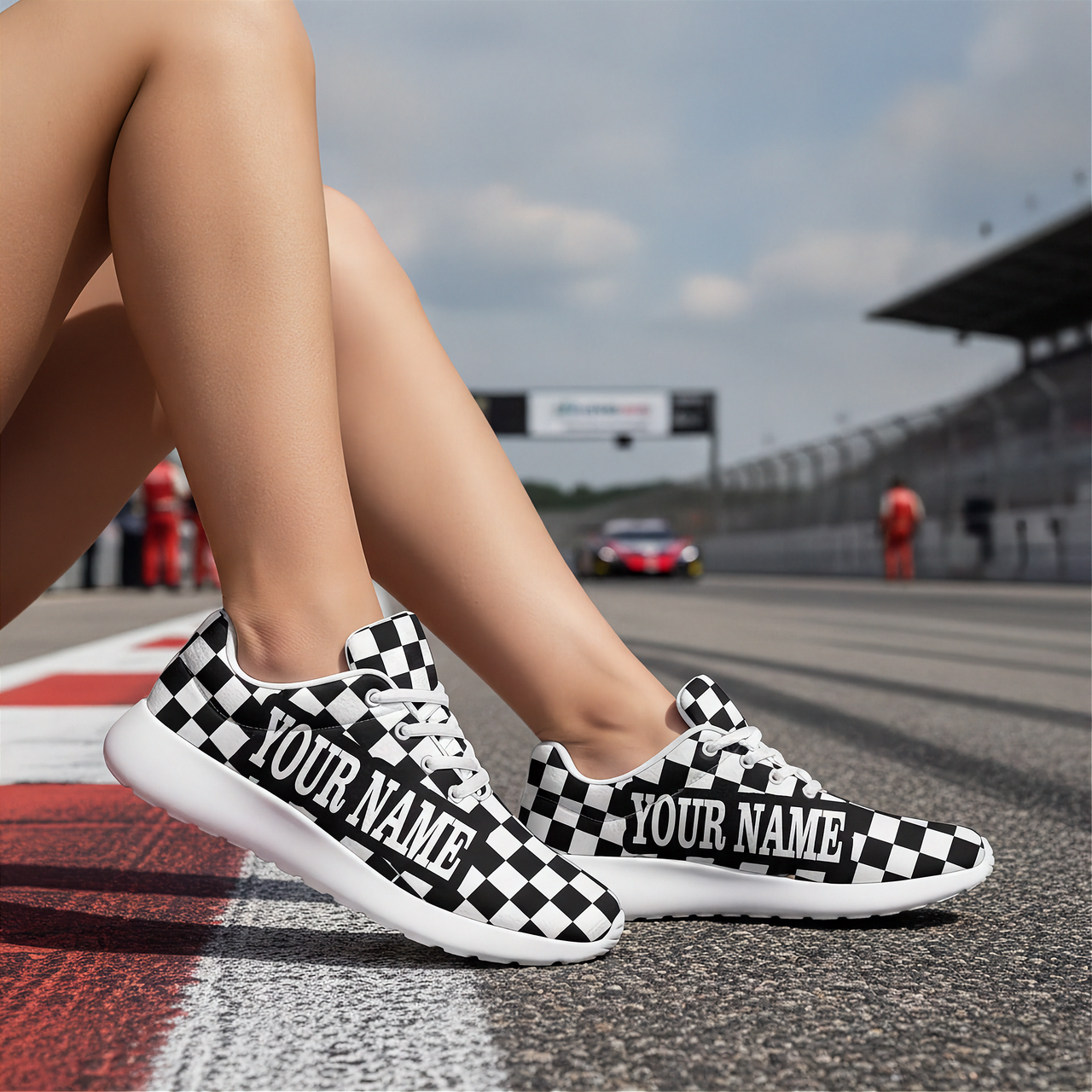 Black and white checkered sneakers with 'Your Name' text on a race track background