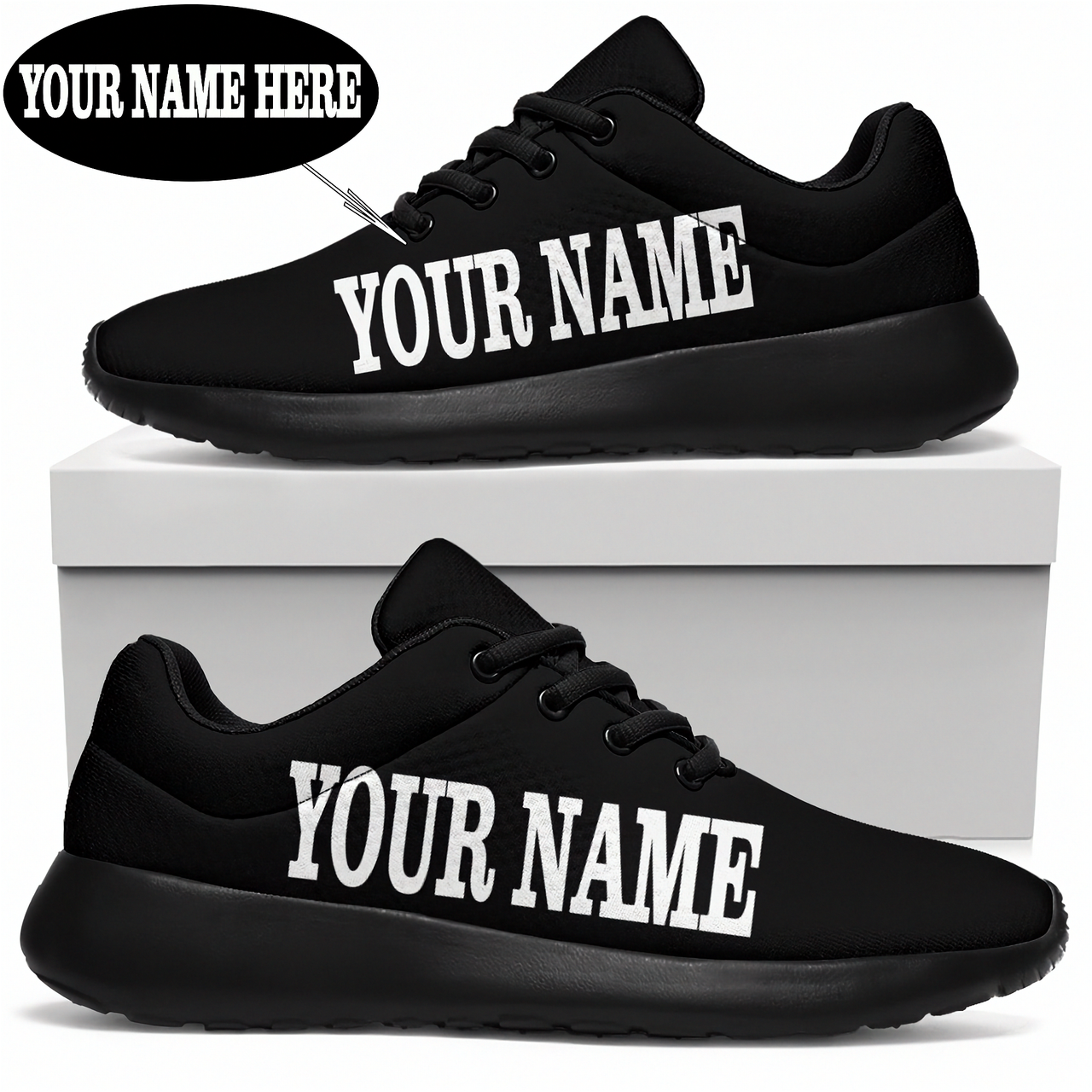 Black running shoes with 'YOUR NAME' text on a white background