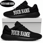 Black running shoes with 'YOUR NAME' text on a white background