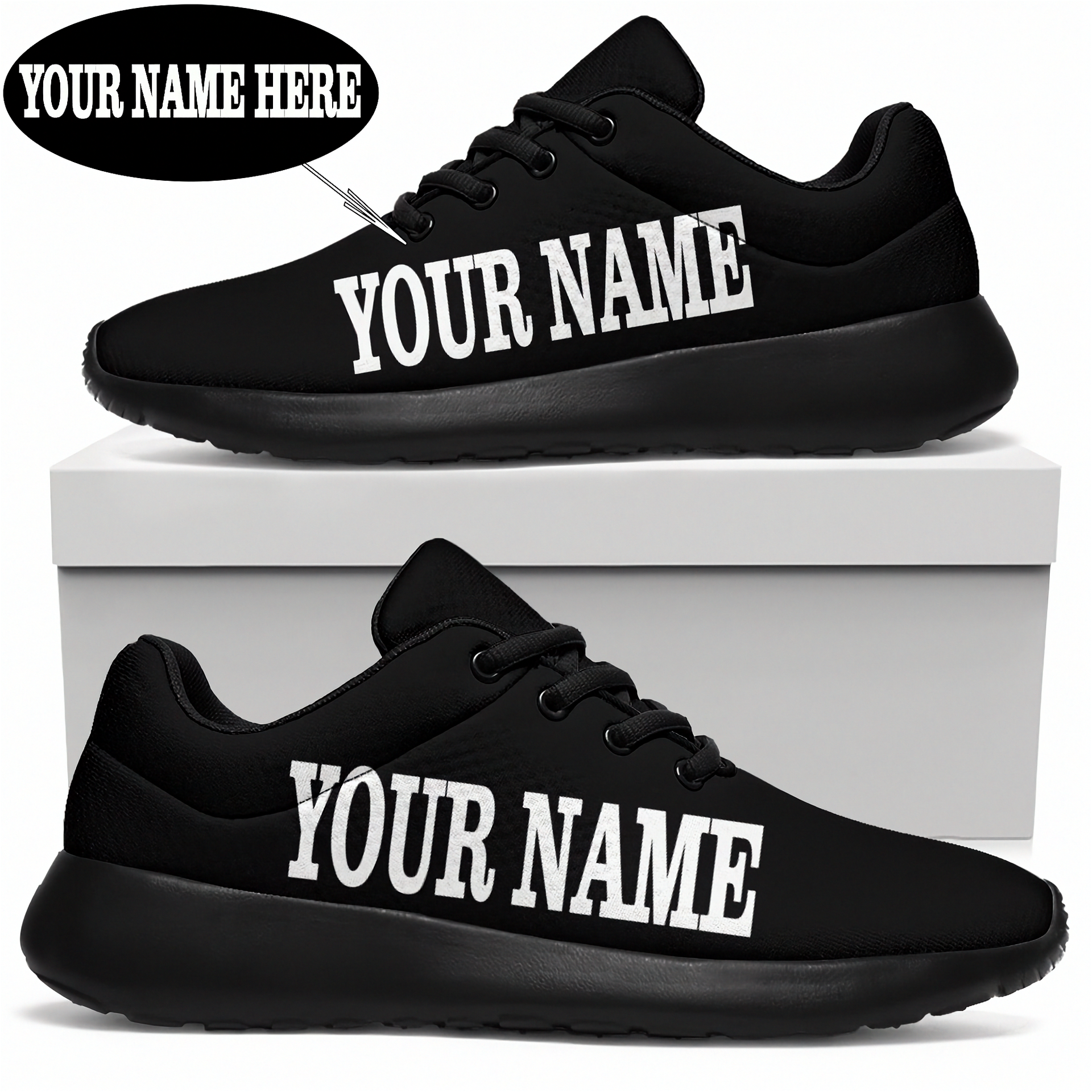 Black running shoes with 'YOUR NAME' text on a white background