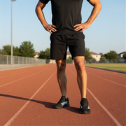 Person wearing black athletic sneakers standing on a track