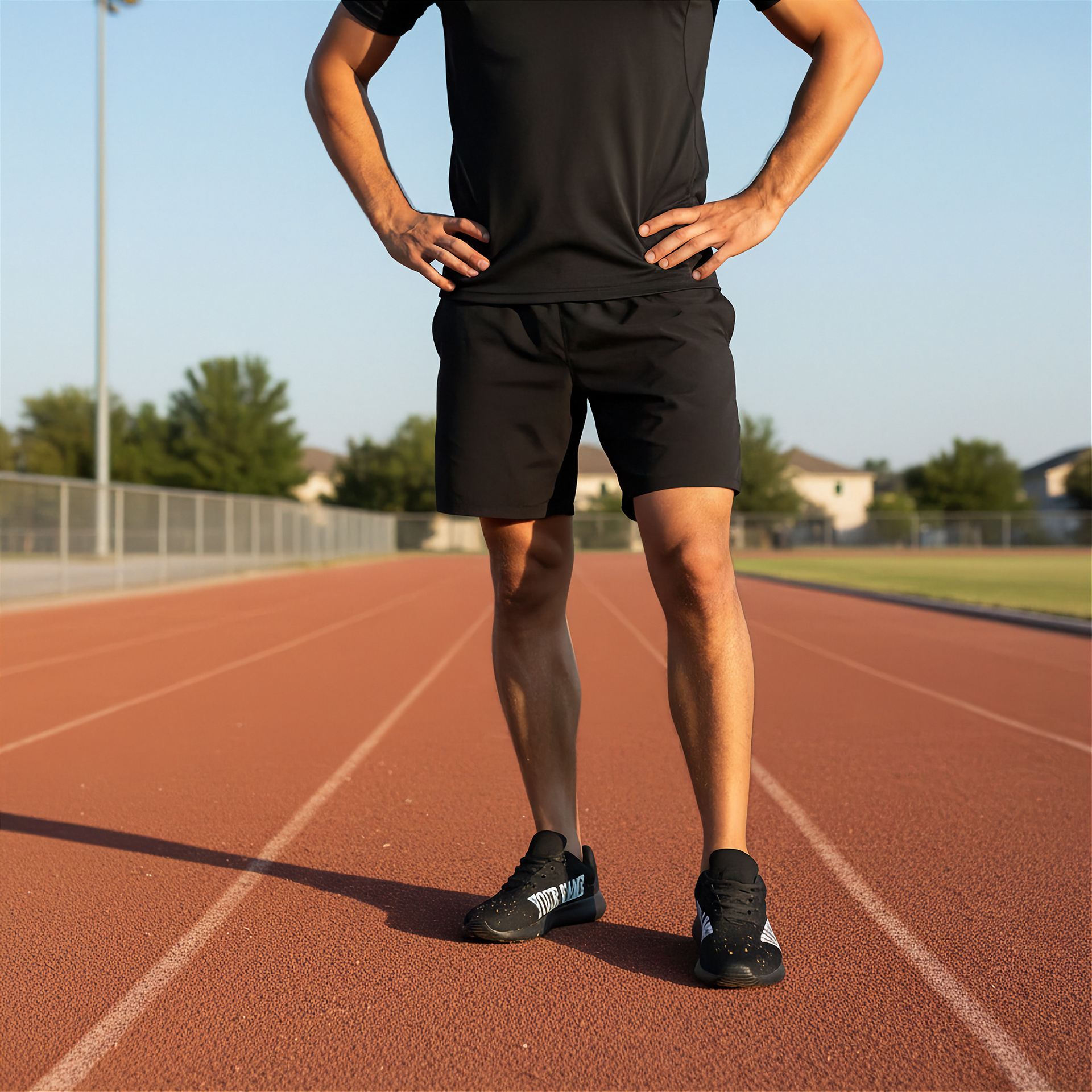 Person wearing black athletic sneakers standing on a track