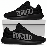 Black sneakers with 'EDWARD' text on a white background