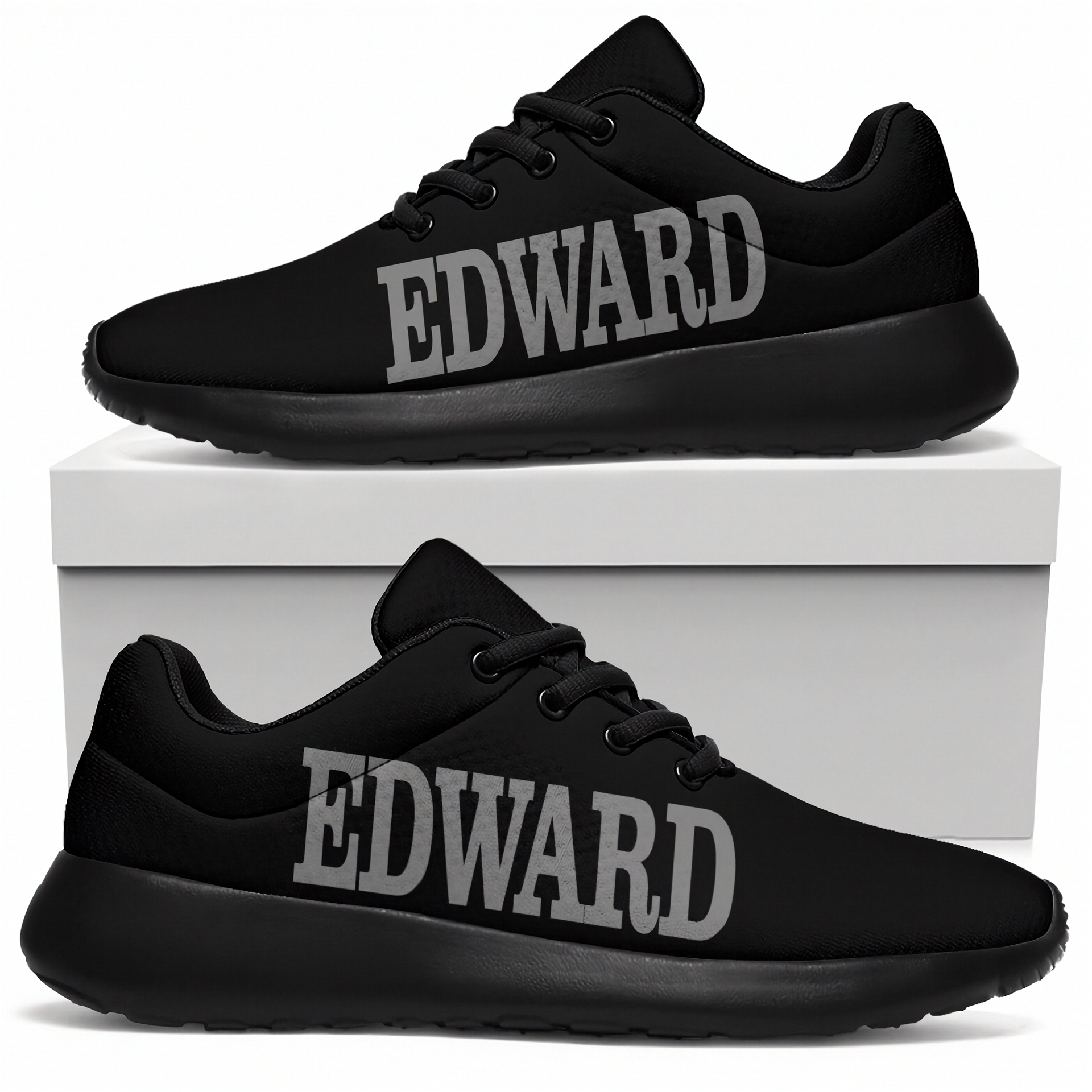Black sneakers with 'EDWARD' text on a white background