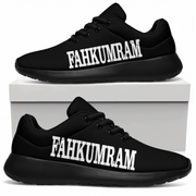 Black sneakers with 'FAHKUMRAM' text on a white background