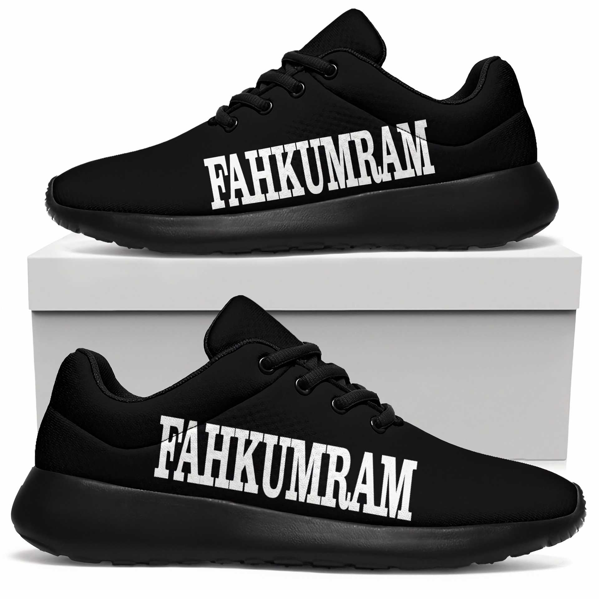 Black sneakers with 'FAHKUMRAM' text on a white background
