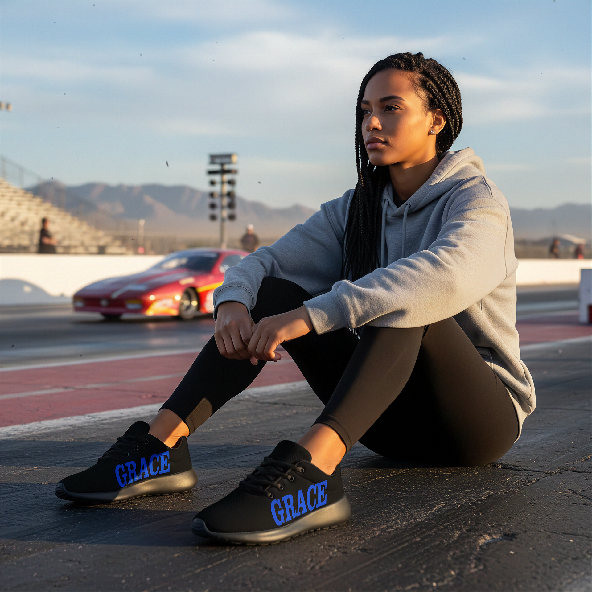 Woman sitting on a race track wearing black sneakers with 'GRACE' branding, with a red car in the background.