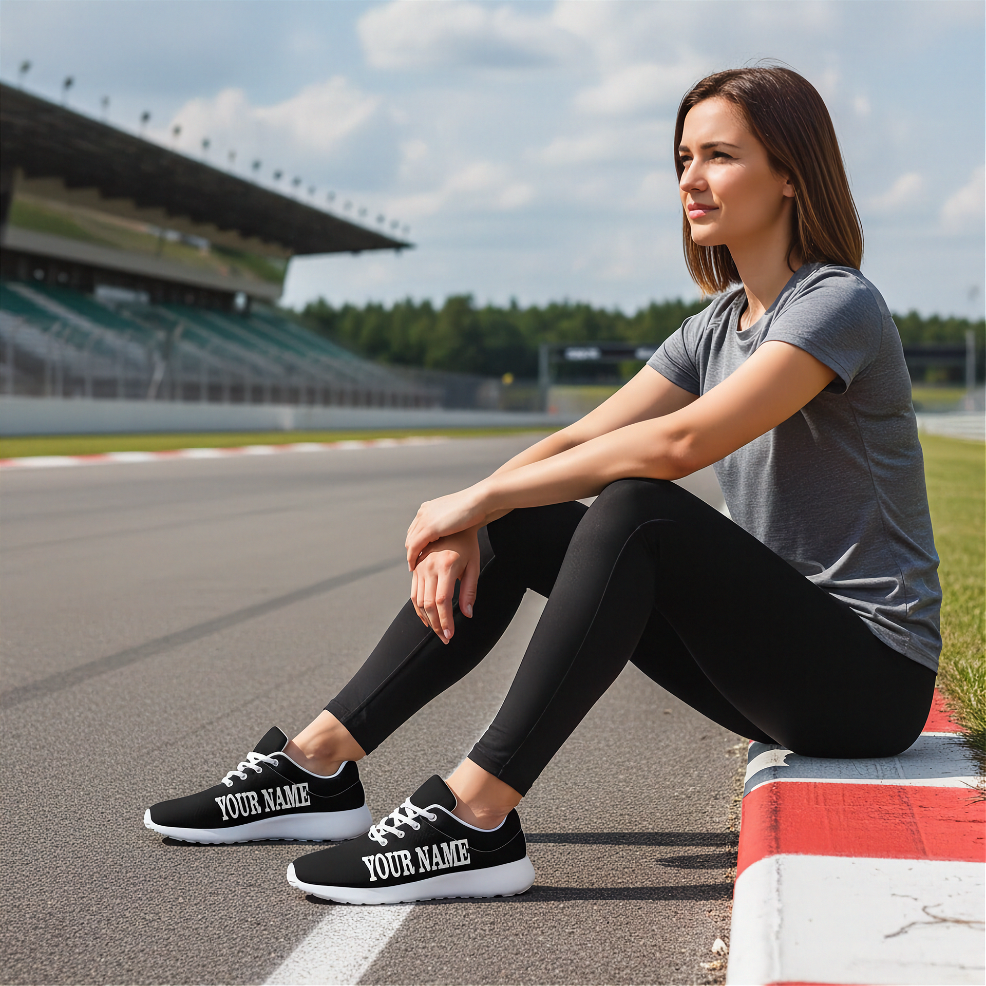 Woman sitting on a race track wearing black sneakers with customizable text, with a race track and clouds in the background.
