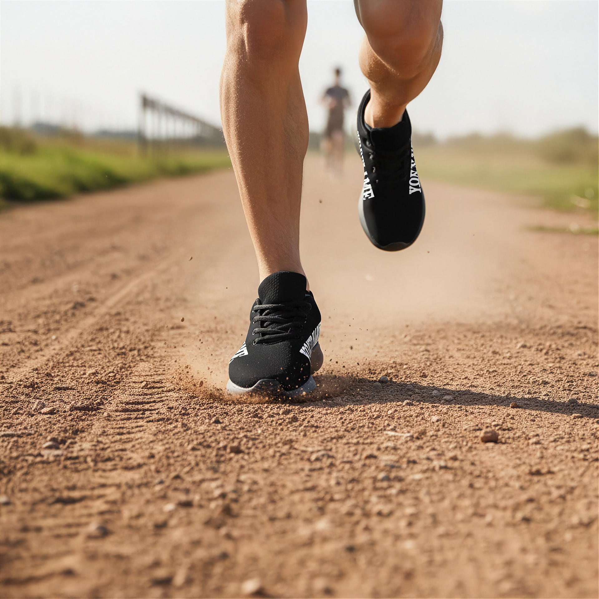 Person running on a dirt path with black custom running shoes