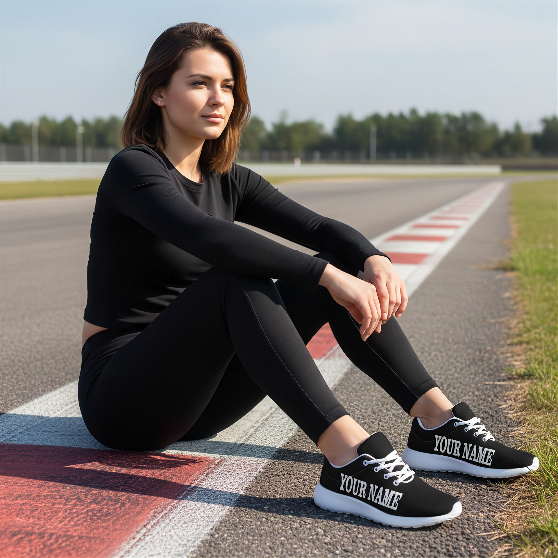 Woman sitting on a race track wearing black sneakers with 'YOUR NAME' text.