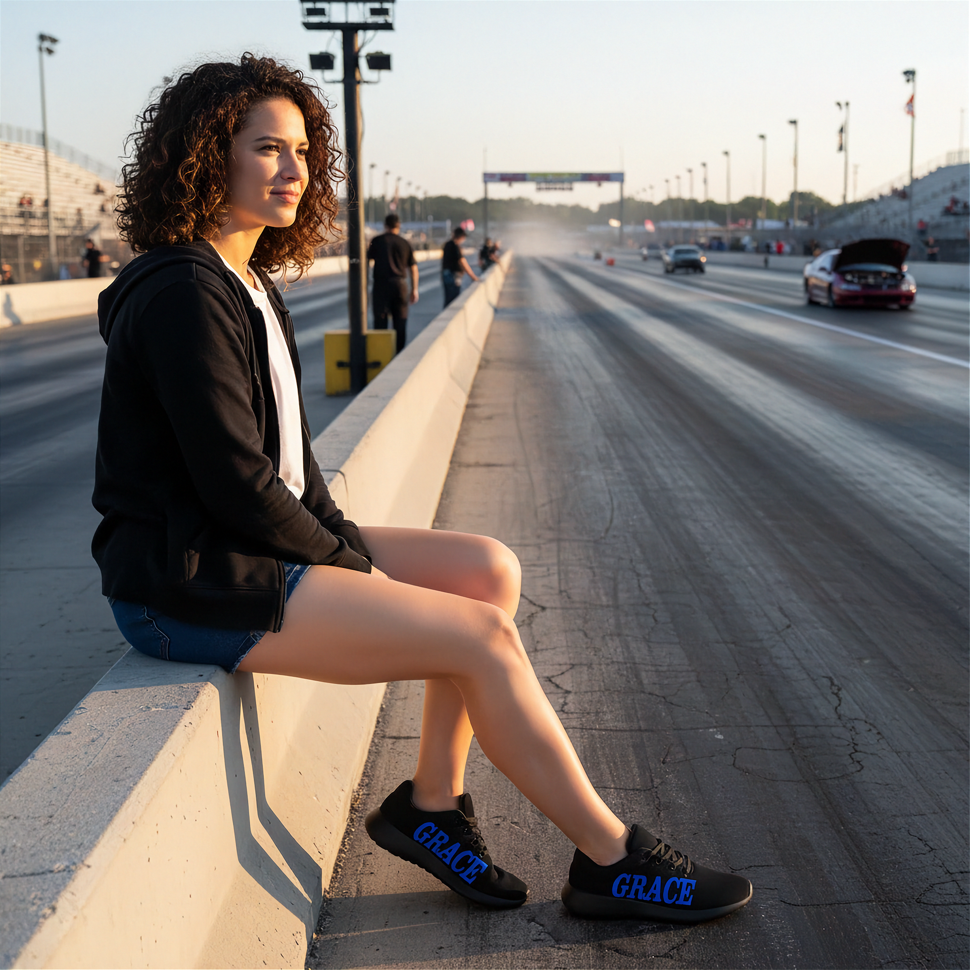 Woman sitting on a race track with cars in the background