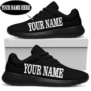 Custom Name Sneakers featuring personalized text on a low top motorsports trainer with breathable mesh and memory foam insoles for racing fans.