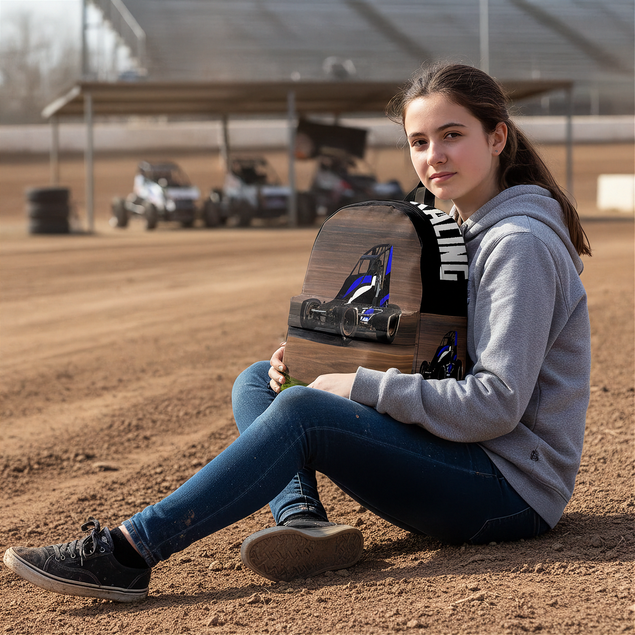 A young woman sits on a dirt track holding a non wing sprint race car backpack. She is wearing a gray hoodie, blue jeans, and black sneakers, with race cars and a grandstand visible in the background.