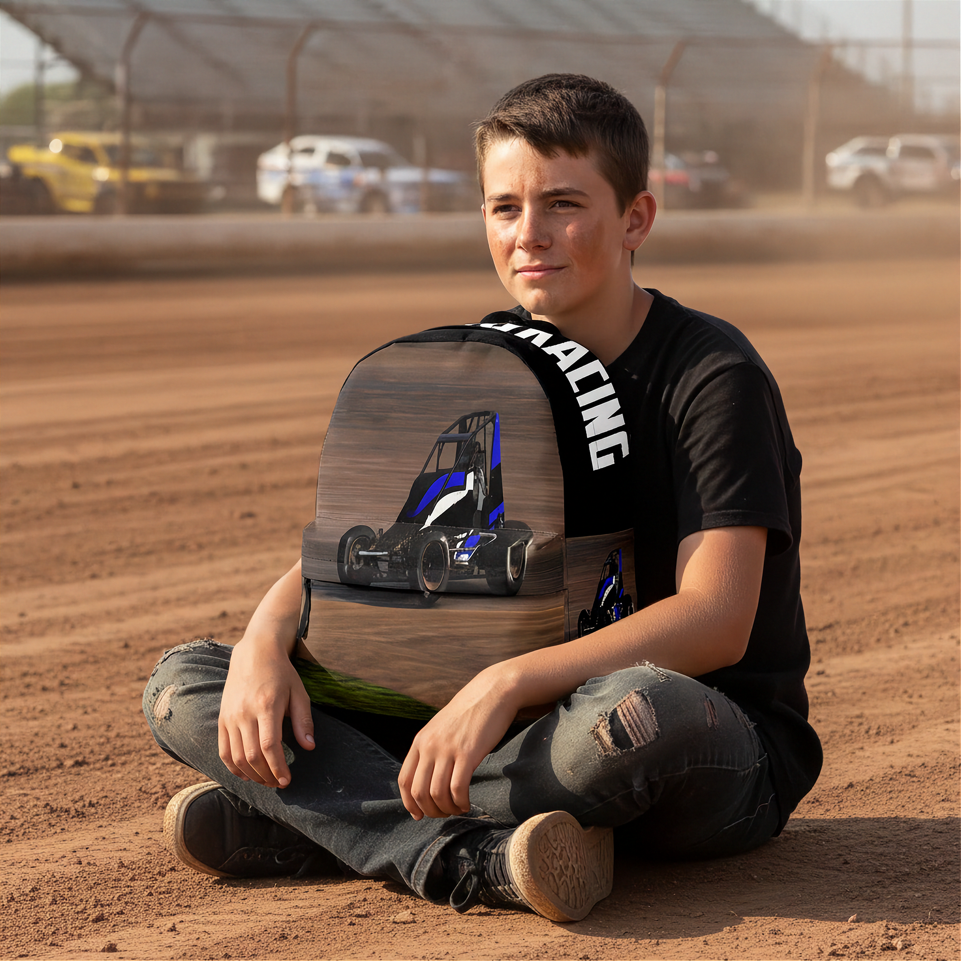 A boy sitting cross-legged on a dirt racetrack wearing a black t-shirt and ripped jeans, holding a backpack printed with a non wing sprint car racing graphic and the word 'RACING' on the strap.
