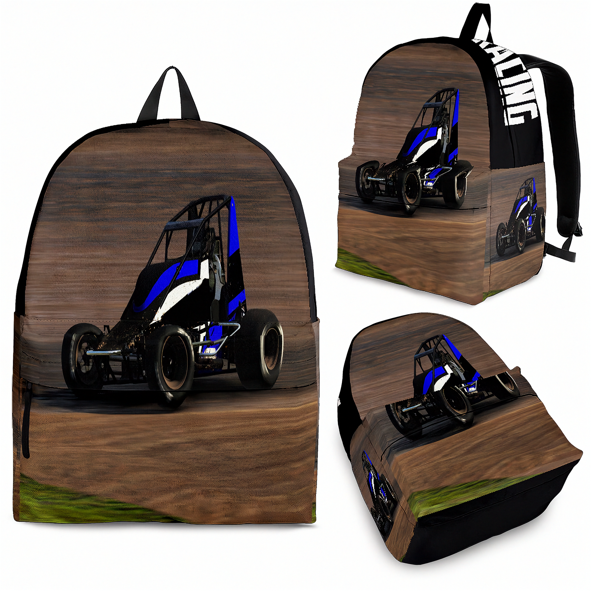 A backpack shown from multiple angles on a white background, featuring a printed graphic of a blue and black Non-Wing_Sprint_Car on a dirt track. The backpack itself has a brown wood-grain style print, black trim, and black straps, with white text on the side strap reading 'RACING'.