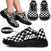 Black and white checkered sneakers with customizable number feature on a white background