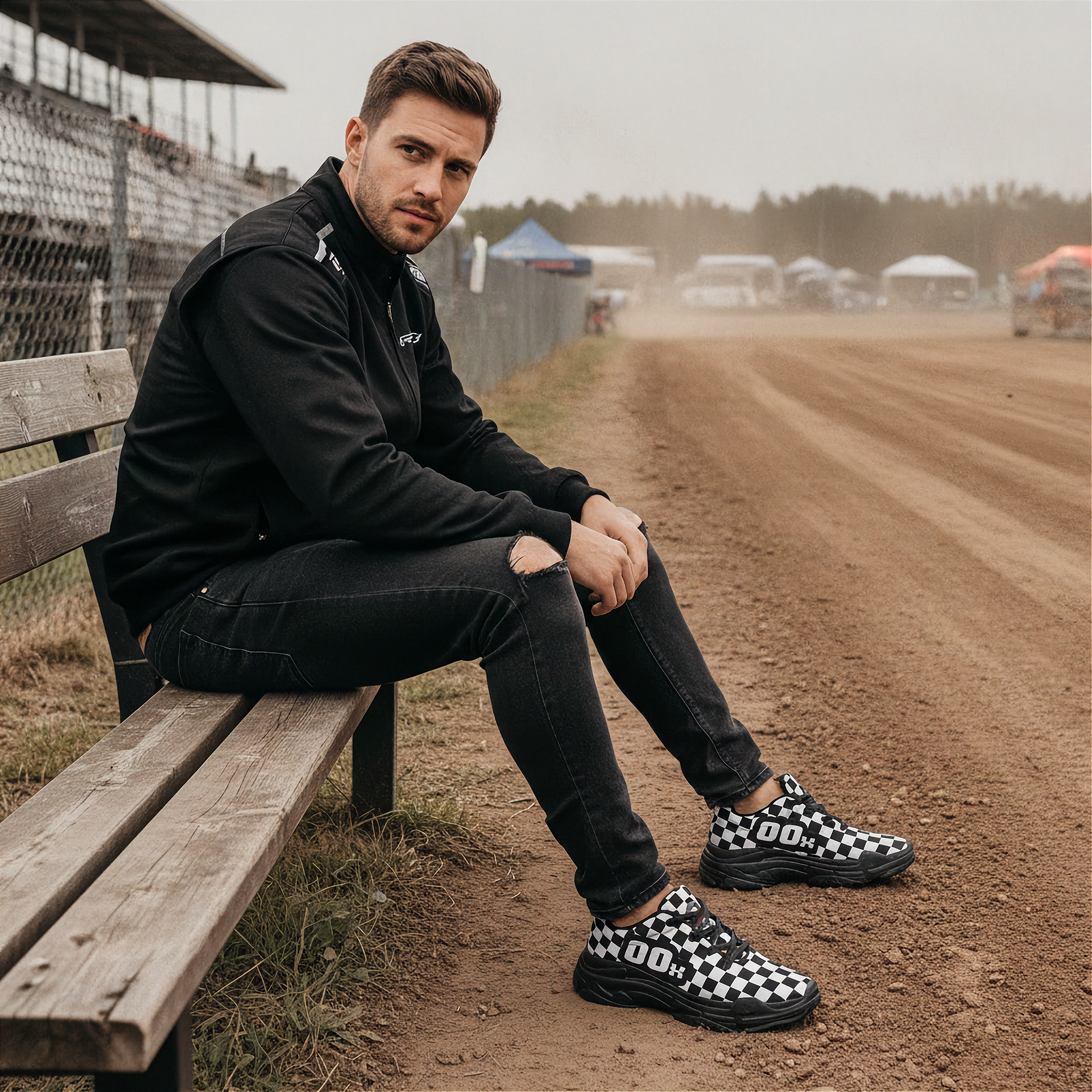 Man sitting on a wooden bench at a race track wearing black and white checkered shoes.