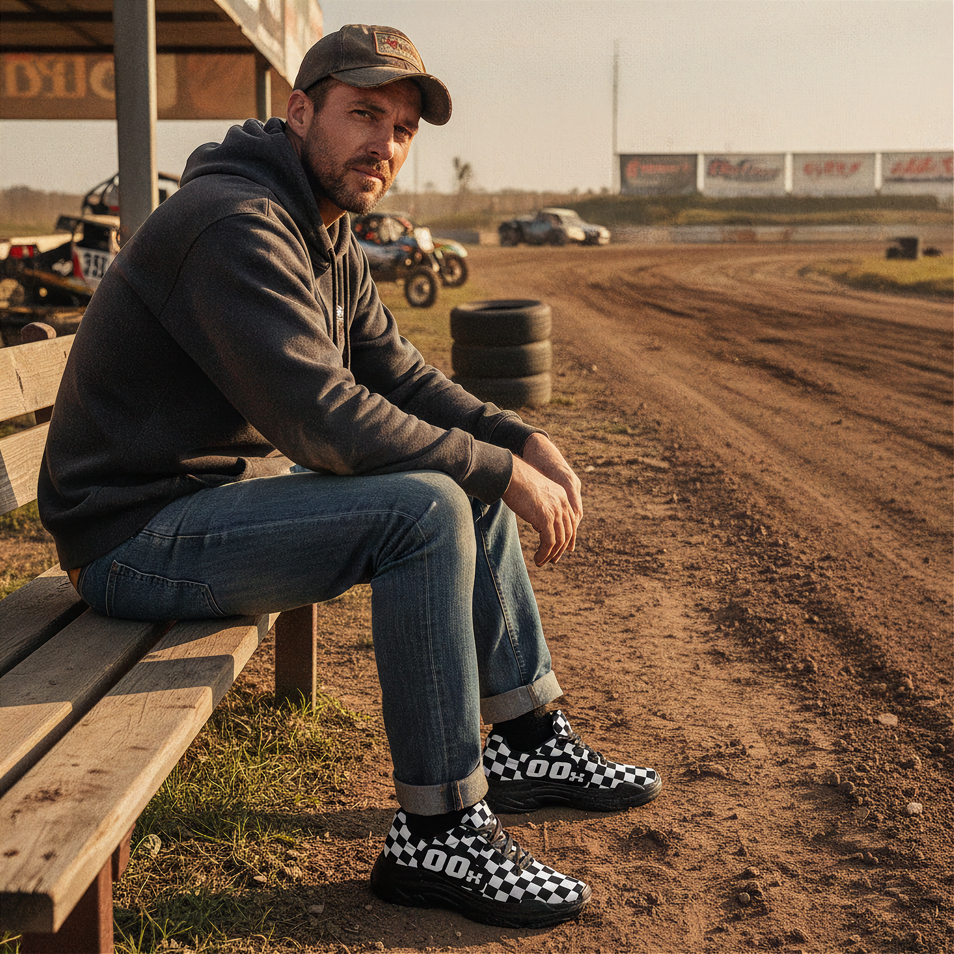 Man sitting on a wooden bench at a dirt track with tires and motorcycles in the background.
