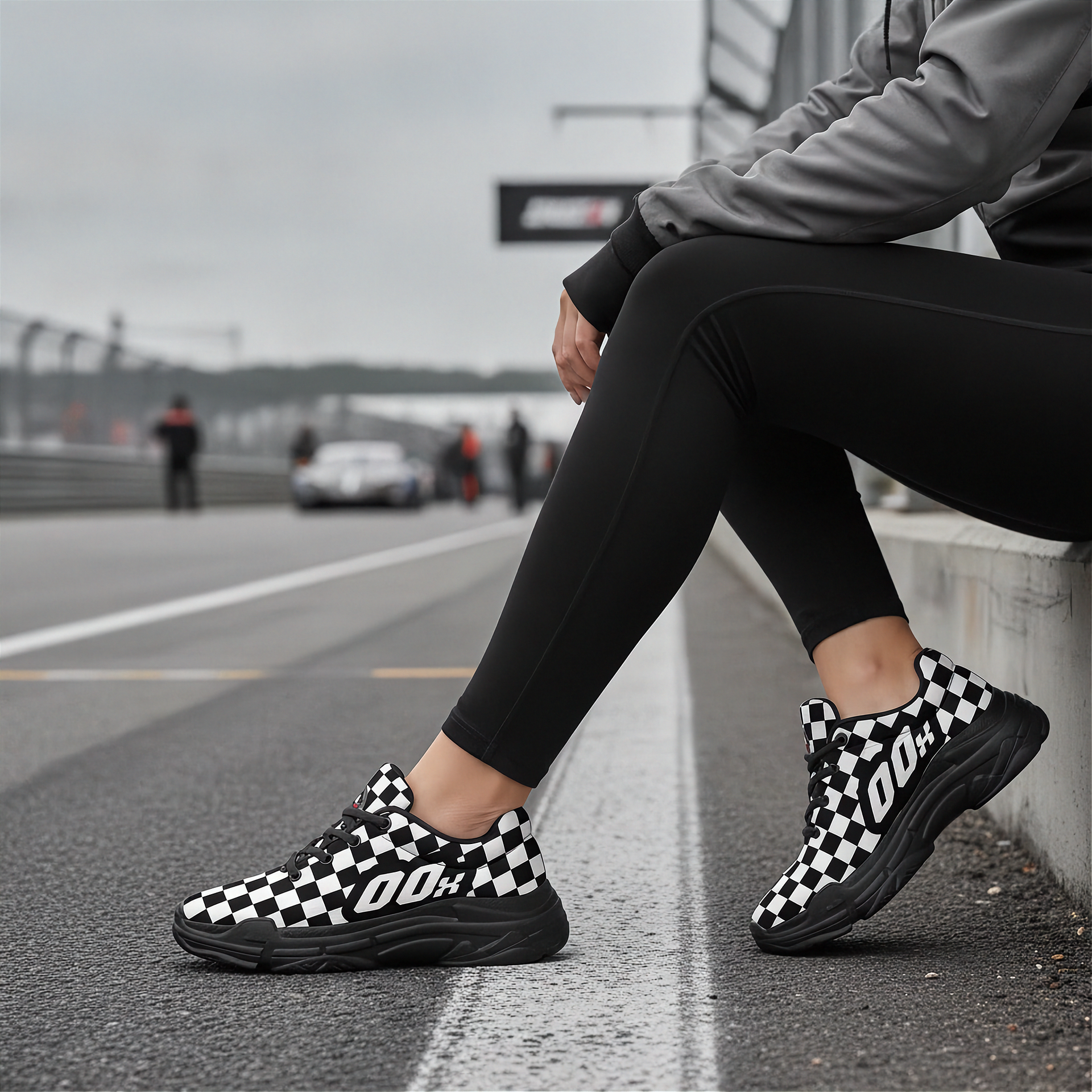 Person wearing black and white checkered shoes on a race track.