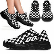 Black and white checkered sneakers with '00x' branding on a white background