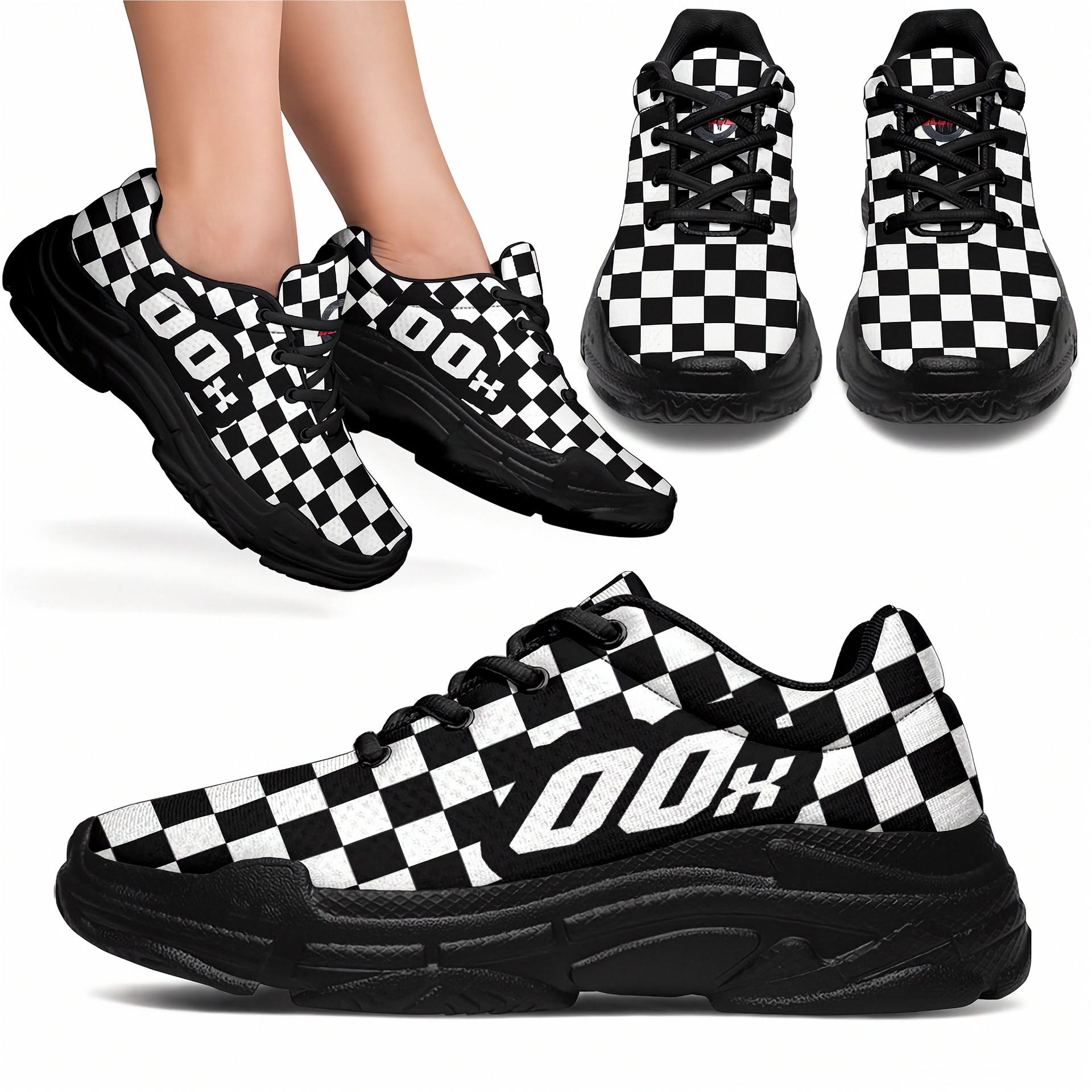 Black and white checkered sneakers with '00x' branding on a white background