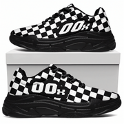 Black and white checkered sneakers with '00x' branding on a white box background